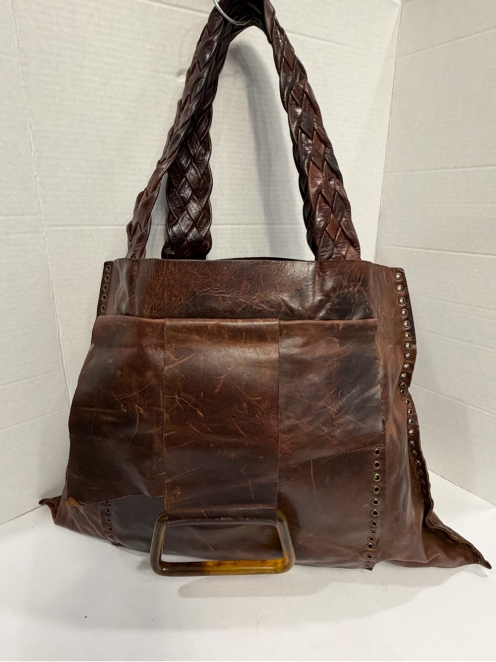 RARE Rebel large shoulder bag with braided handles Italian vintage leather $850